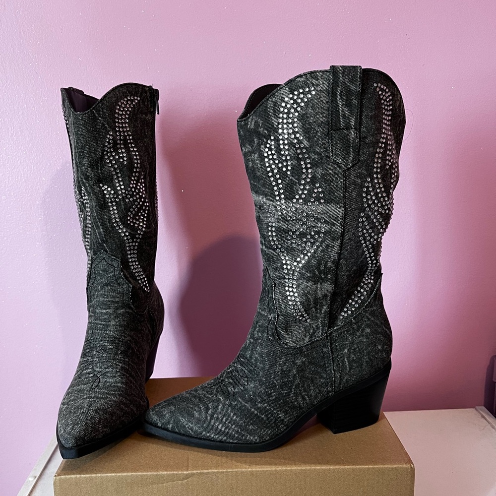 Grey Denim Cowgirl Boots